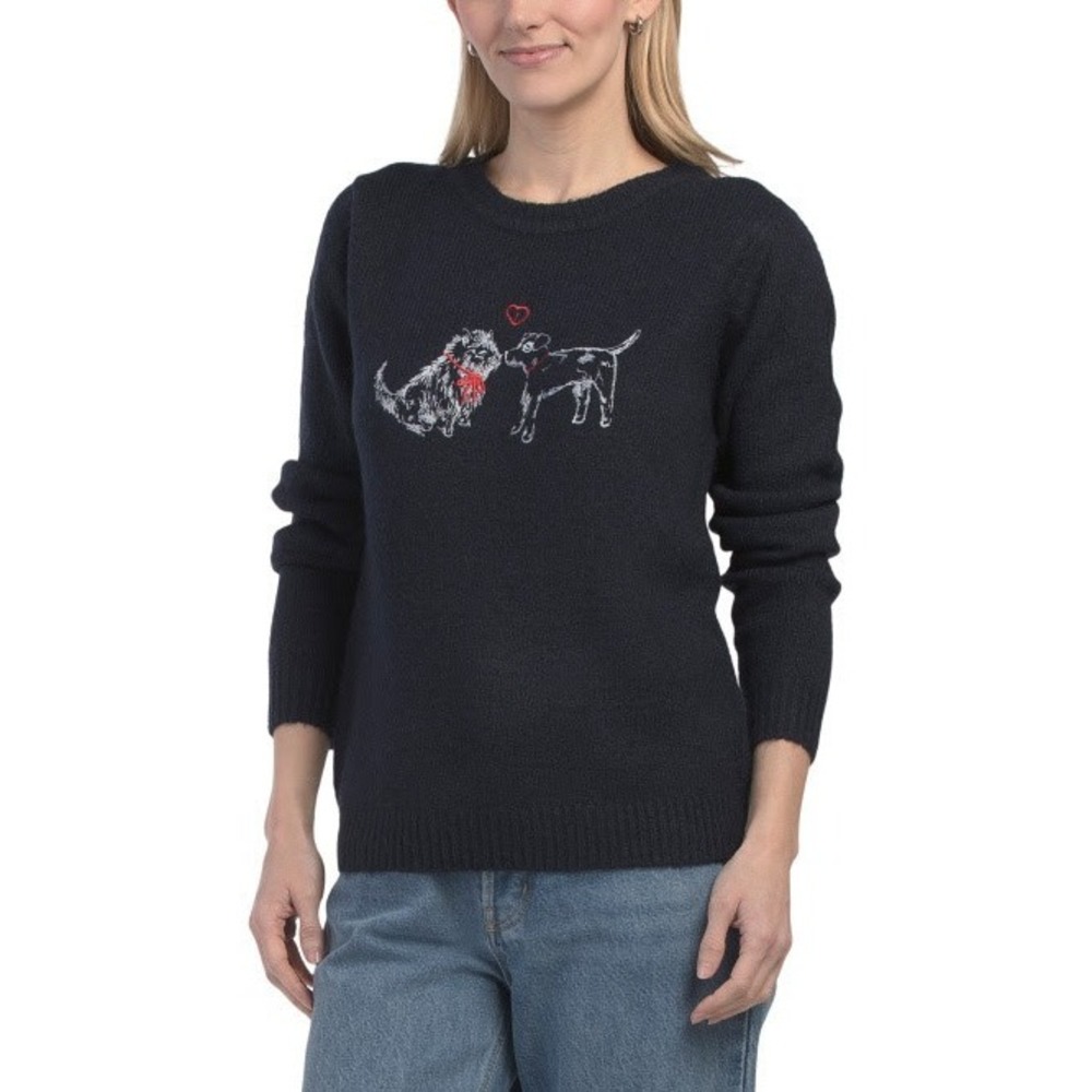 Cupcakes and Cashmere Navy Blue Dog Puppy Love Heart Embroidered Knit Sweater L